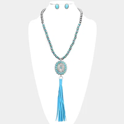 Fashnzfab Turquoise Accented Antique Metal Squash Blossom Suede Tassel Link Long Necklace In Blue