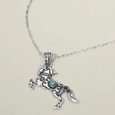 Fashnzfab Turquoise Stone Accent Western Horse Pendant Necklace In Silver