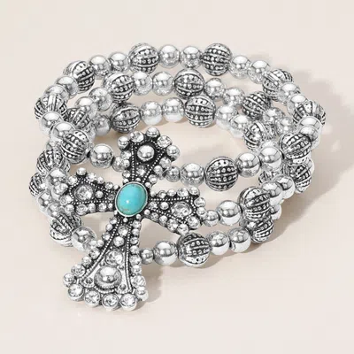 Fashnzfab Turquoise Stone Accented Antique Metal Cross Metal Ball Beaded Triple Layered Stretch Bracelet In Multi