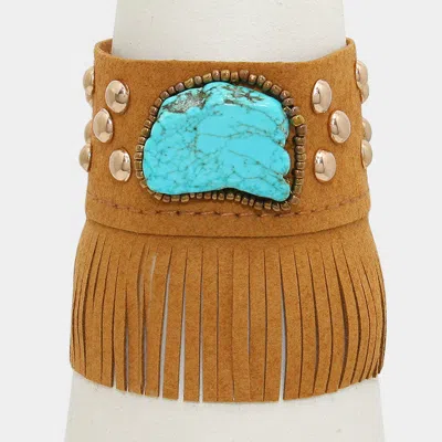 Fashnzfab Turquoise Stone Accented Suede Fringe Bracelet In Brown