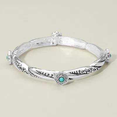 Fashnzfab Turquoise Stone Center Frame Accent Western Boho Bar Beaded Stretch Bracelet In Metallic
