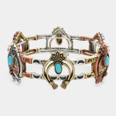 Fashnzfab Turquoise Tribal Metal Double Horn Stretch Bracelet Copper Burnished, Gold Burnished, Silver Burnish In Multi