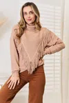 Fashnzfab Turtleneck Fringe Front Long Sleeve Sweater In Brown