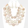 Fashnzfab Tweed Fabric Ball Pearl Triple Layered Bib Necklace In Gold