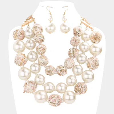 Fashnzfab Tweed Fabric Ball Pearl Triple Layered Bib Necklace In Gold