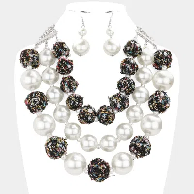 Fashnzfab Tweed Fabric Ball Pearl Triple Layered Bib Necklace In Multi