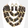 Fashnzfab Tweed Fabric Metal Chain Link Triple Layered Bib Necklace In Gold