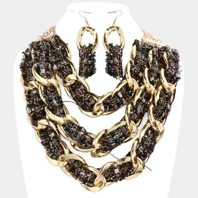 Fashnzfab Tweed Fabric Metal Chain Link Triple Layered Bib Necklace In Gold