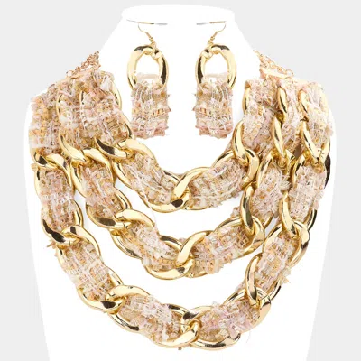 Fashnzfab Tweed Fabric Metal Chain Link Triple Layered Bib Necklace In Multi