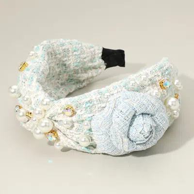 Fashnzfab Tweed Flower Pointed Stone Cluster Pearl Embellished Knot Headband In Blue