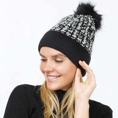 Fashnzfab Tweed Look Pom Pom Knit Beanie Hat In Black
