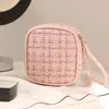 Fashnzfab Tweed Portable Cosmetic Pouch Bag With Wristlet In Pink