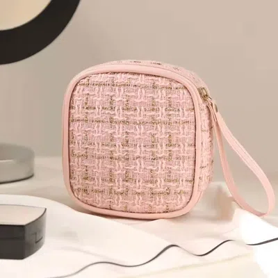 Fashnzfab Tweed Portable Cosmetic Pouch Bag With Wristlet In Pink