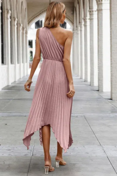 Fashnzfab Twist Front Pleated One Shoulder Long Dress In Pink