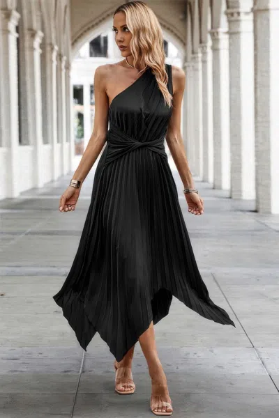 Fashnzfab Twist Front Pleated One Shoulder Long Dress In Black