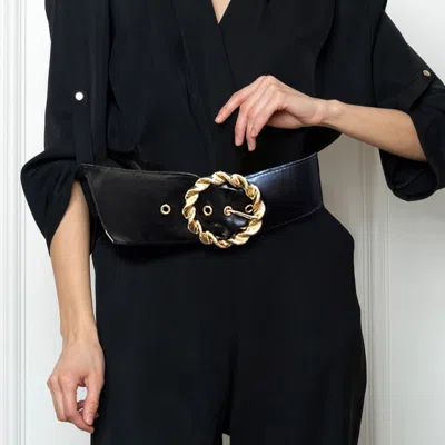Fashnzfab Twisted Circle Open Metal Buckle Stretch Elastic Belt In Black