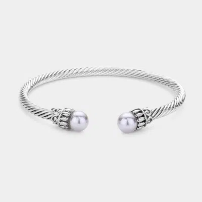 Fashnzfab Twisted Metal Pearl Tip Cuff Bracelet Gray In Silver