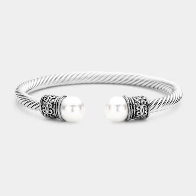 Fashnzfab Twisted Metal Pearl Tip Cuff Bracelet Silver, White In Multi