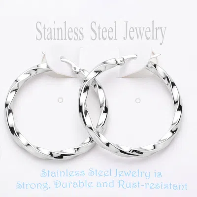 Fashnzfab Twisted Stainless Steel Hoop Pin Catch Earrings - Rhodium In Silver