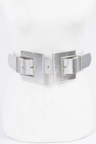 Fashnzfab Two Buckle Plus Size Elastic Belt In Silver