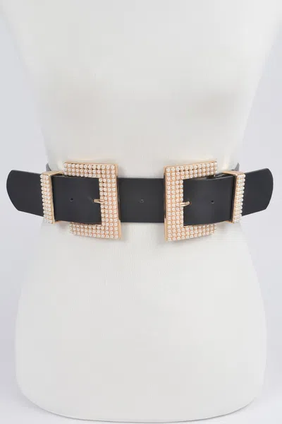 Fashnzfab Two Faux Pearl Buckle Waist Belt In Black
