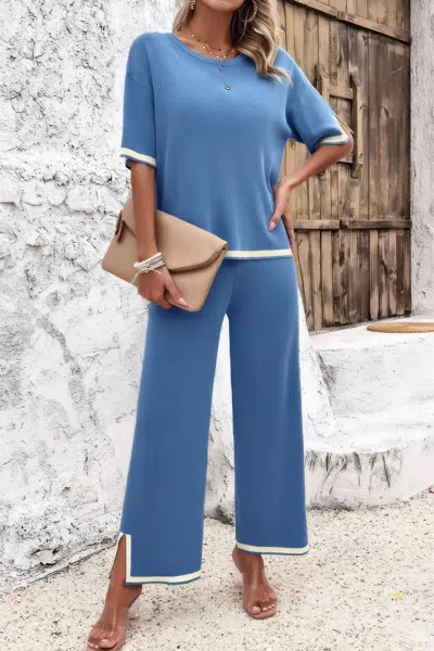Fashnzfab Two Pieces Outfits Knit Short Sleeve Wide Leg Loun In Blue