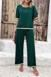 Fashnzfab Two Pieces Outfits Knit Short Sleeve Wide Leg Loun