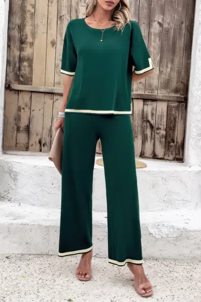 Fashnzfab Two Pieces Outfits Knit Short Sleeve Wide Leg Loun In Green