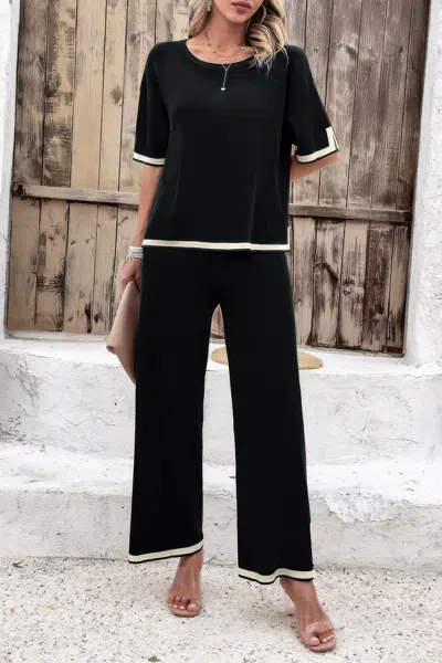 Fashnzfab Two Pieces Outfits Knit Short Sleeve Wide Leg Loun