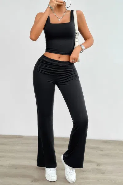Fashnzfab Two Pieces Square Neck Ruched Sleeveless Sets In Black