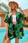 Fashnzfab Two Pieces Tropical Print Kimono Elastic Waist Set