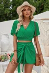 Fashnzfab Two Pieces V Neck Ruffle Crop Shirt And Wrap Sets
