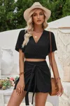 Fashnzfab Two Pieces V Neck Ruffle Crop Shirt And Wrap Sets