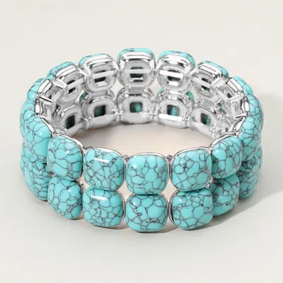 Fashnzfab Two Row Western Square Turquoise Stone Beaded Stretch Bracelet Silver, Turquoise In Multi