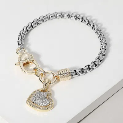 Fashnzfab Two Tone 14k Gold Plated Cz Stone Paved Heart Charm Bracelet Two Tone In Multi