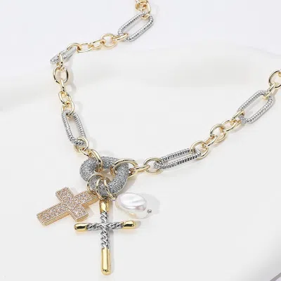 Fashnzfab Two Tone 14k Gold Plated Cz Stone Paved Heart Ring Cross Pearl Charm Pendant Necklace In Multi
