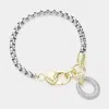 Fashnzfab Two Tone 14k Gold Plated Cz Stone Paved Open Oval Charm Bracelet Two Tone In Multi