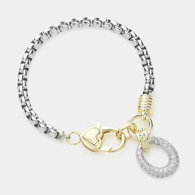 Fashnzfab Two Tone 14k Gold Plated Cz Stone Paved Open Oval Charm Bracelet Two Tone In Multi