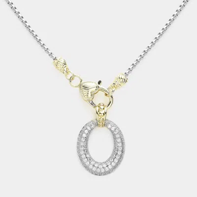 Fashnzfab Two Tone 14k Gold Plated Cz Stone Paved Open Oval Pendant Necklace In Metallic