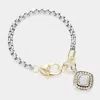 Fashnzfab Two Tone 14k Gold Plated Cz Stone Paved Square Charm Bracelet In Animal Print