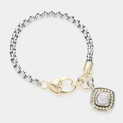 Fashnzfab Two Tone 14k Gold Plated Cz Stone Paved Square Charm Bracelet In Animal Print