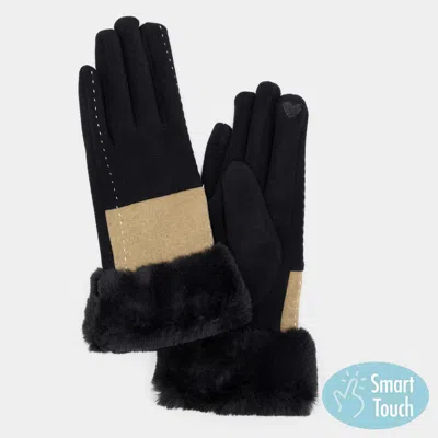 Fashnzfab Two Tone And Stitch Lines Faux Fur Cuff Smart Touch Gloves In Black