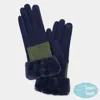 Fashnzfab Two Tone And Stitch Lines Faux Fur Cuff Smart Touch Gloves In Blue