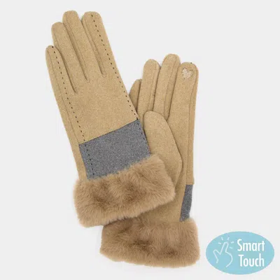 Fashnzfab Two Tone And Stitch Lines Faux Fur Cuff Smart Touch Gloves In Brown