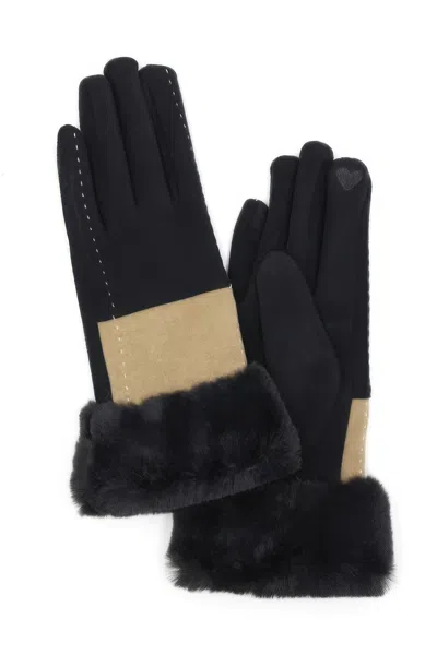 Fashnzfab Two Tone And Stitch Lines Fauxfur Smarttouchgloves In Black