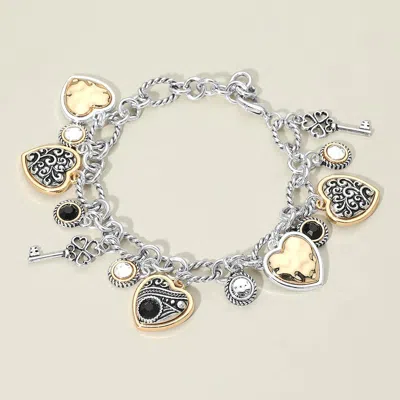 Fashnzfab Two Tone Antique Metal Heart Clover Key Stone Charm Station Bracelet In Silver