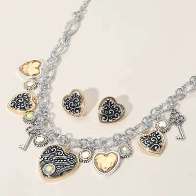 Fashnzfab Two Tone Antique Metal Heart Clover Key Stone Charm Station Necklace In Multi