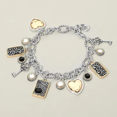 Fashnzfab Two Tone Antique Metal Heart Key Stone Rectangular Scrollwork Charm Station Bracelet In Silver