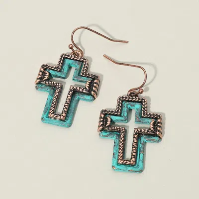 Fashnzfab Two Tone Antique Metal Open Cross Charm Drop Dangle Earrings In Blue