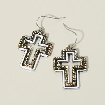 Fashnzfab Two Tone Antique Metal Open Cross Charm Drop Dangle Earrings In Metallic